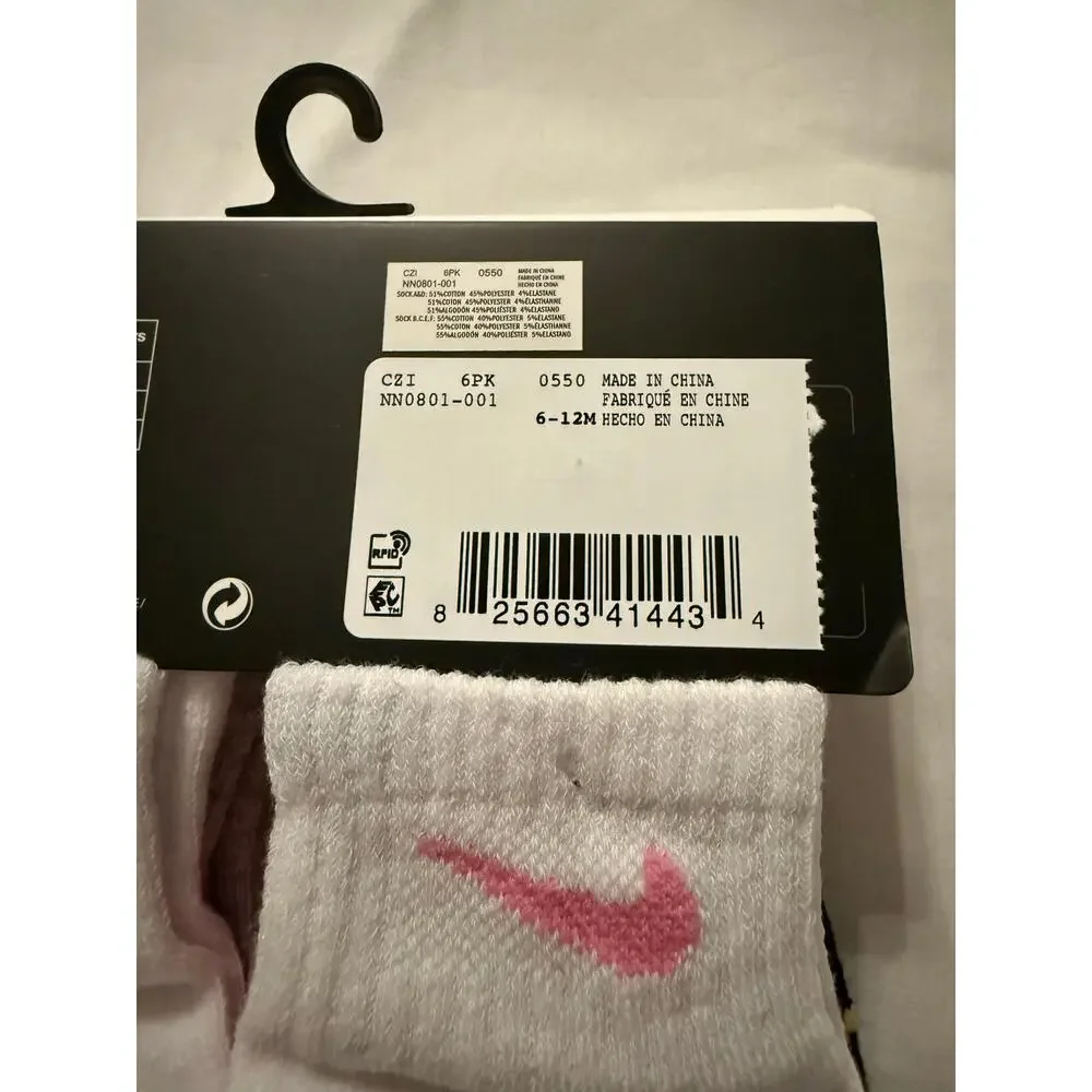 Nike Baby 6 Pk Multicolor Ankle Cotton Cushion Swoosh Logo Sock Set Sz 6-12 MO
